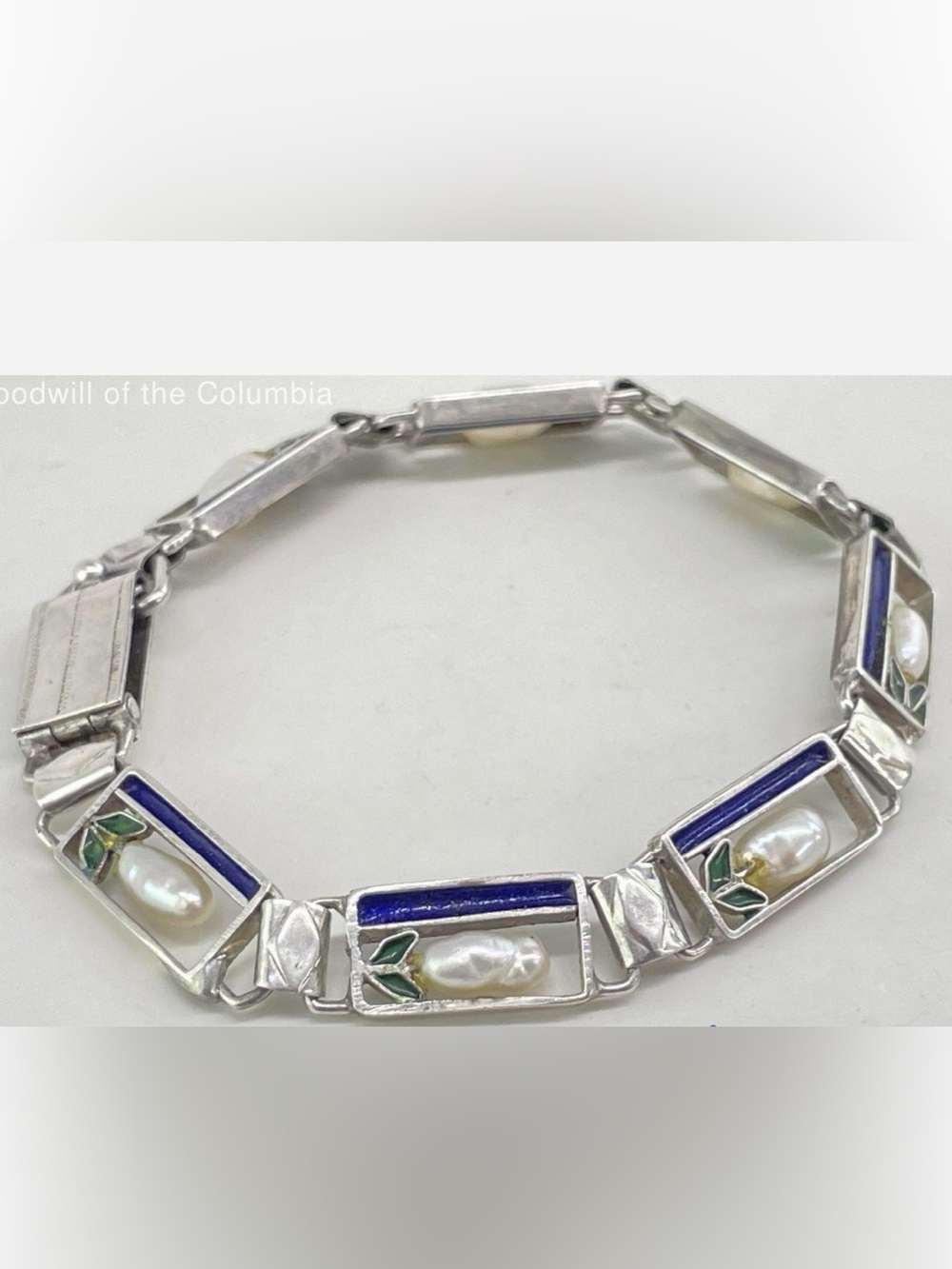 Sterling Silver Blue Enamel Pearl Link Bracelet - Picture 2 of 4